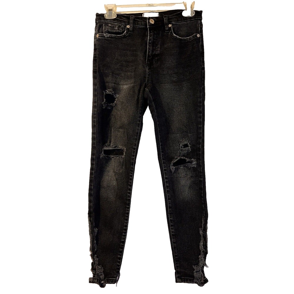 We The Free Free People Distressed Skinny Jeans Black Frayed Hem Size 27